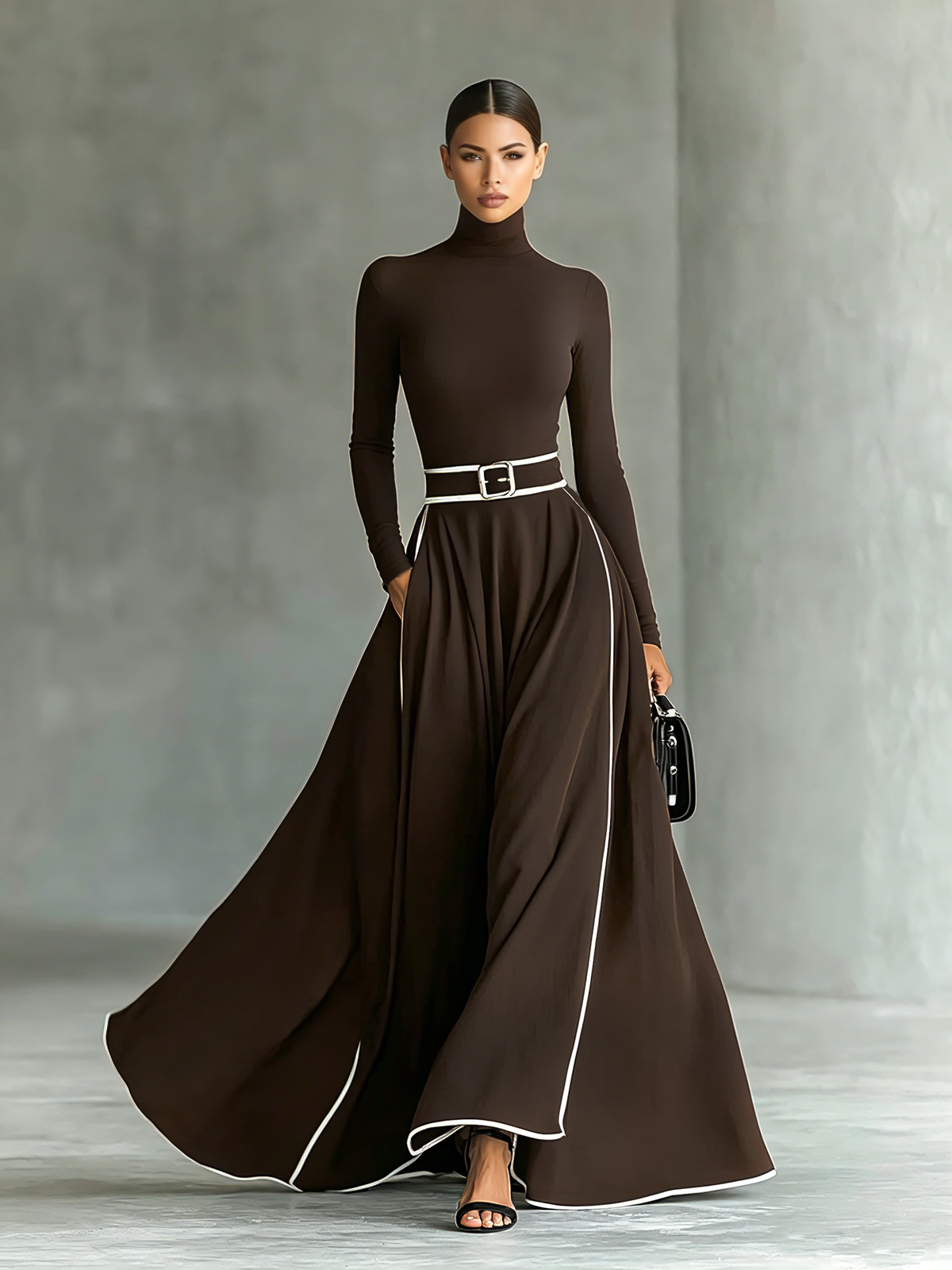 Susanna | Vestido Maxi con Cinturón y Ribetes en Contraste
