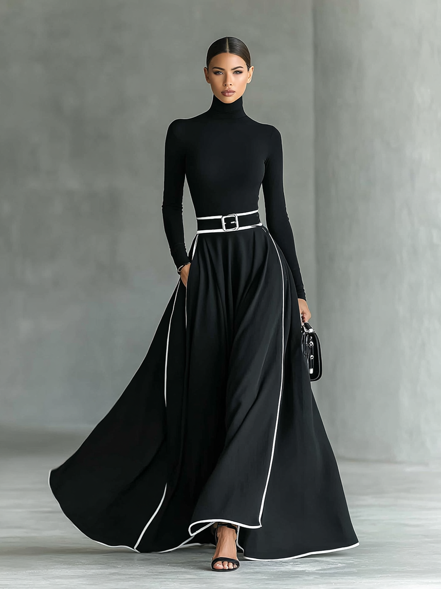 Susanna | Vestido Maxi con Cinturón y Ribetes en Contraste