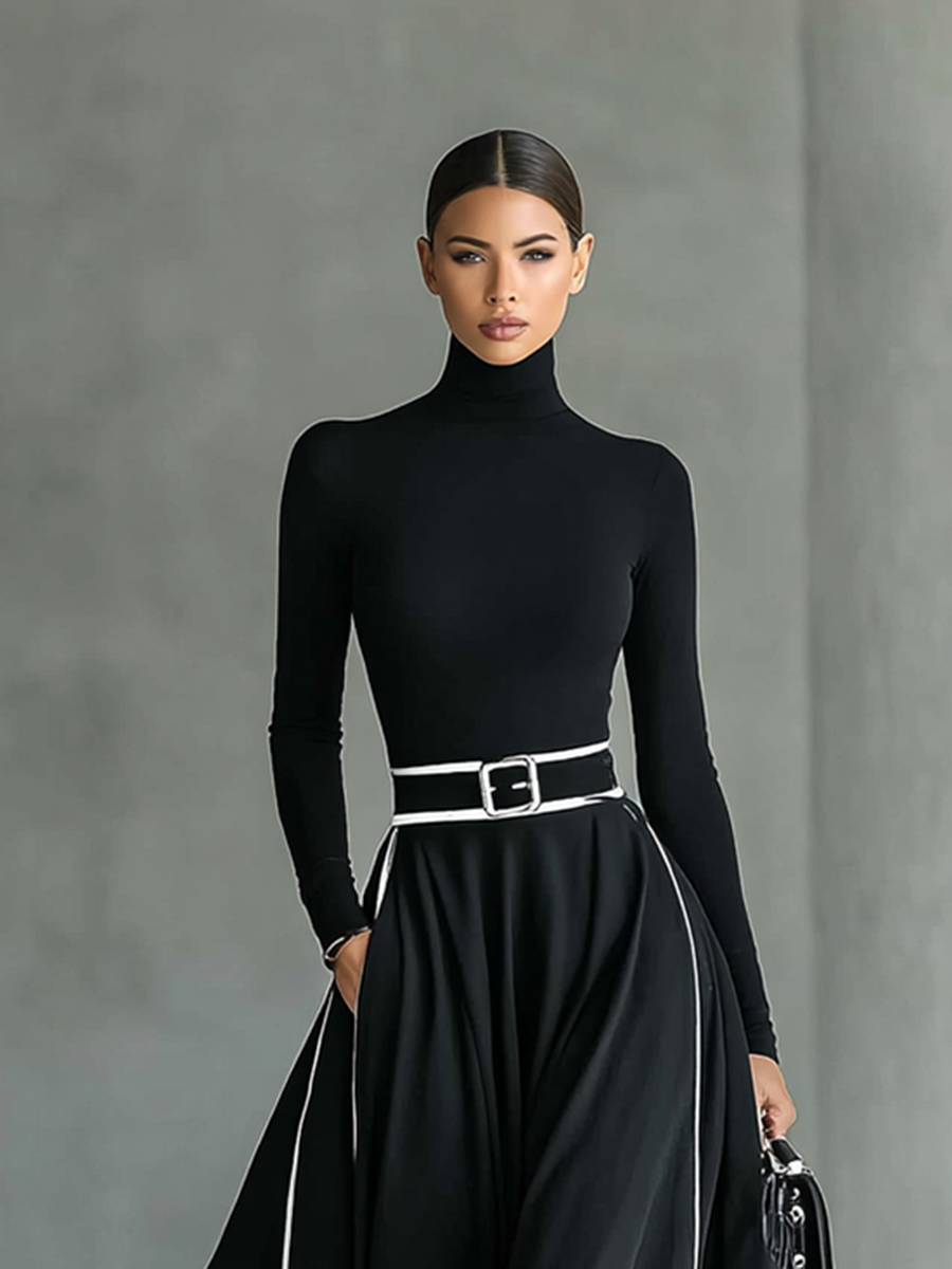 Susanna | Vestido Maxi con Cinturón y Ribetes en Contraste