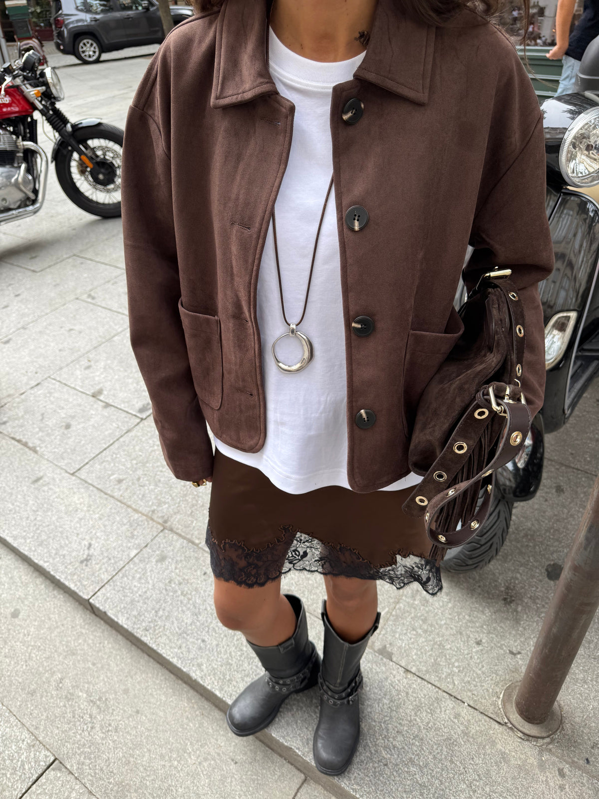Chaqueta de Efecto Ante Chocolate Oscuro
