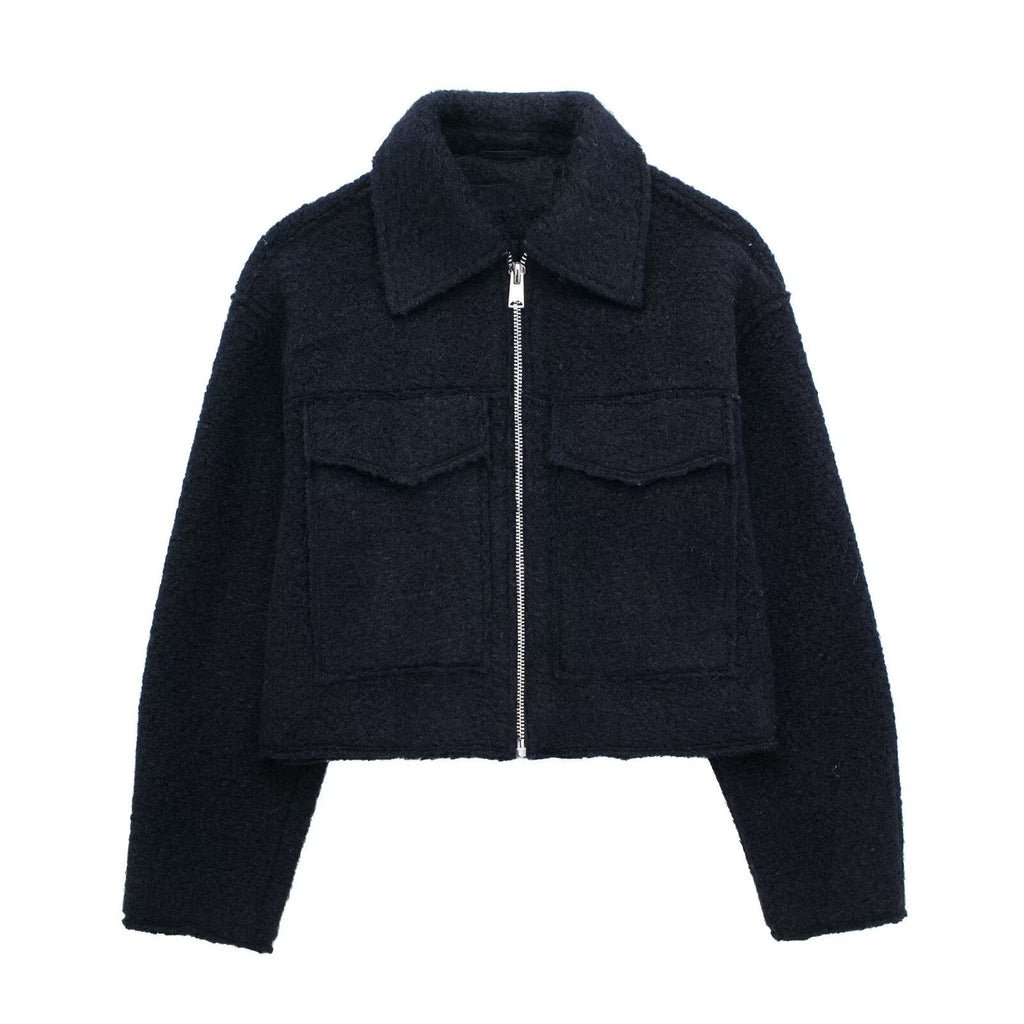 Chaqueta Corta Efecto Lana para Mujer | Cazadora Bouclé con Cremallera y Bolsillos