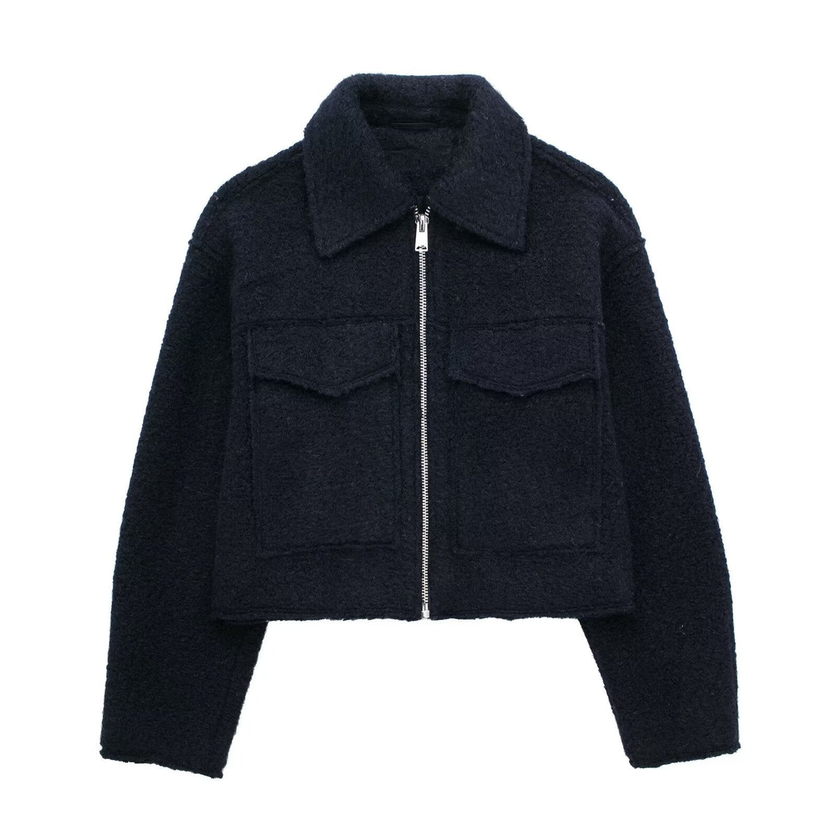 Chaqueta Corta Efecto Lana para Mujer | Cazadora Bouclé con Cremallera y Bolsillos