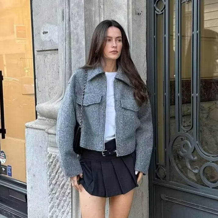 Chaqueta Corta Efecto Lana para Mujer | Cazadora Bouclé con Cremallera y Bolsillos