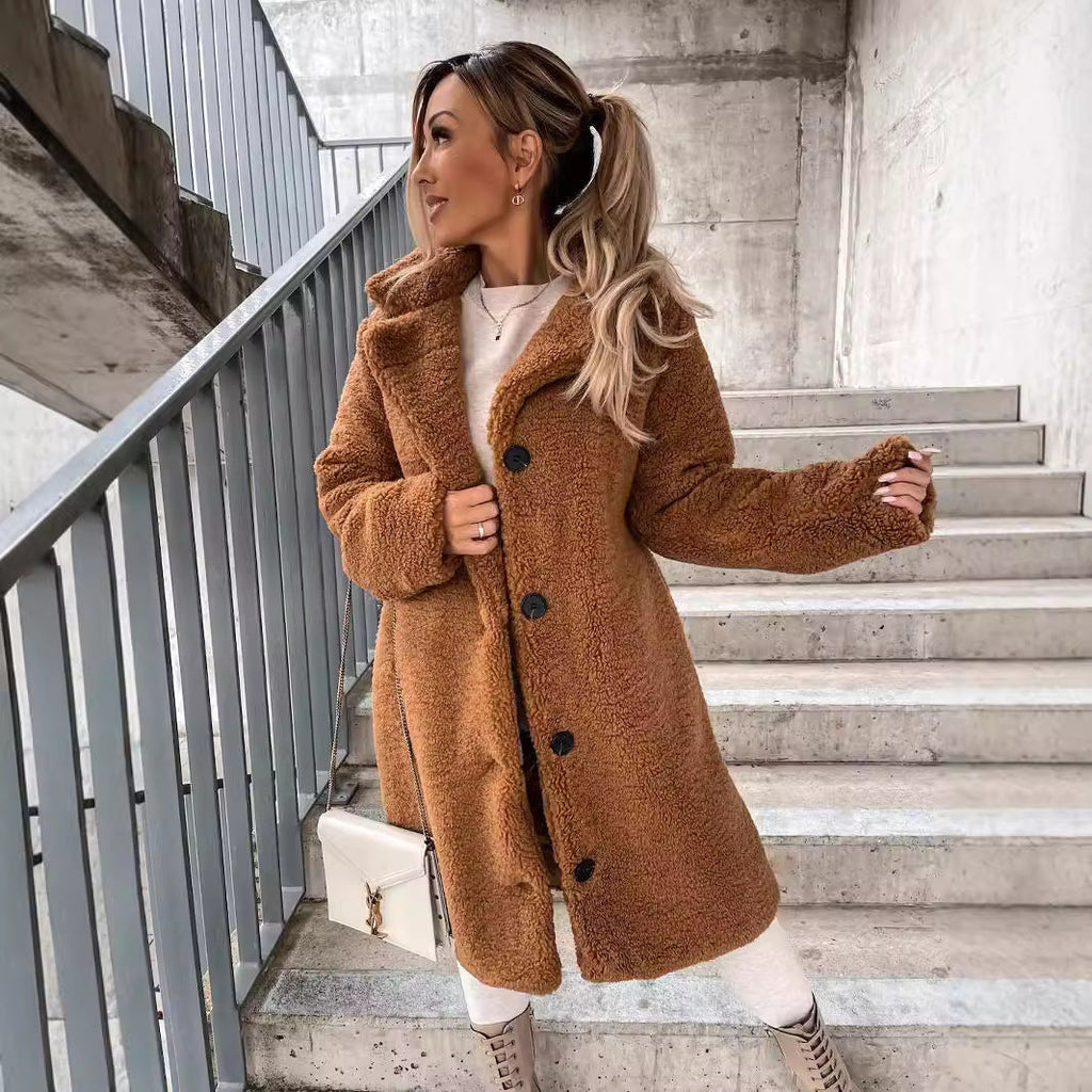 Abrigo de Borreguito para Mujer | Abrigo Teddy Largo con Solapa y Botones