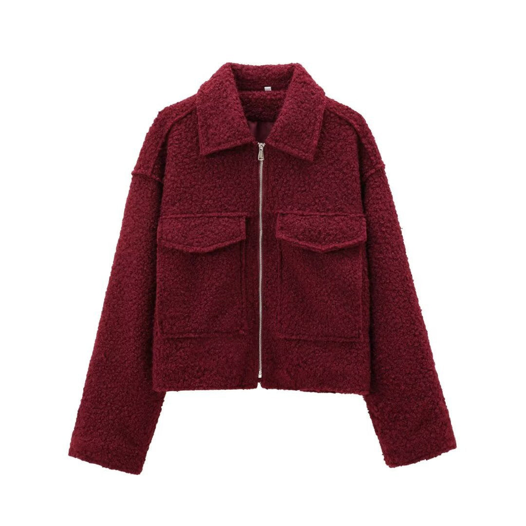 Chaqueta Corta Efecto Lana para Mujer | Cazadora Bouclé con Cremallera y Bolsillos