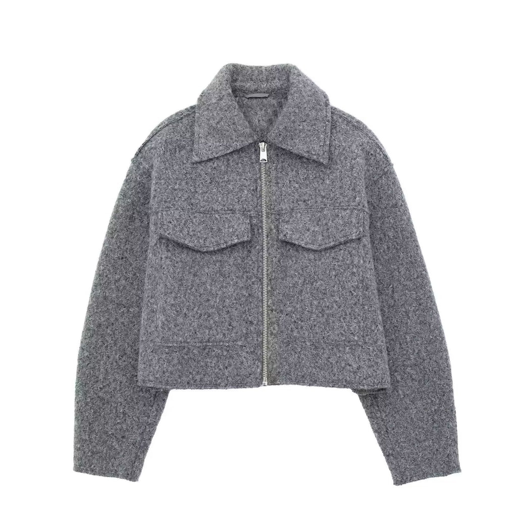Chaqueta Corta Efecto Lana para Mujer | Cazadora Bouclé con Cremallera y Bolsillos
