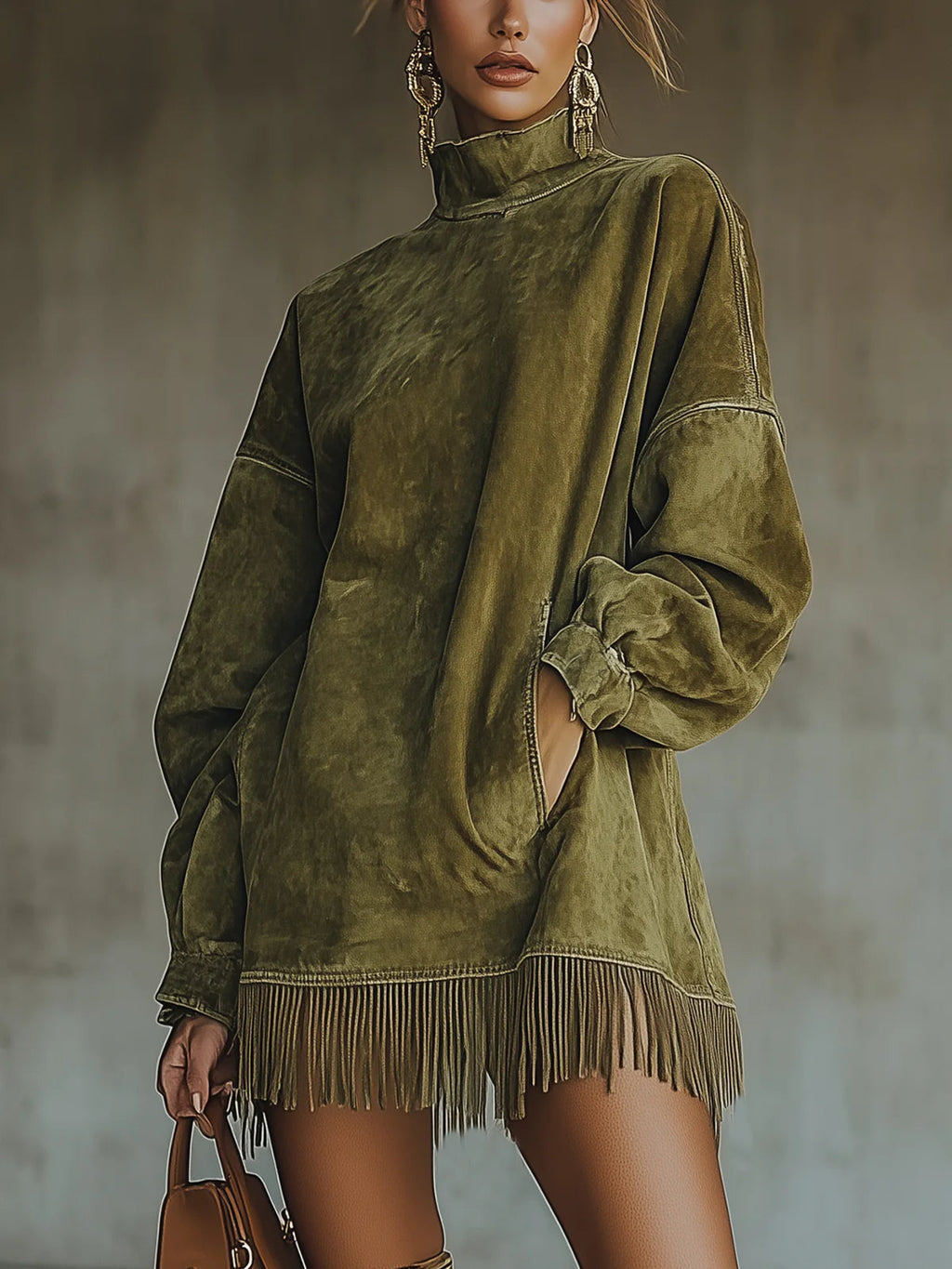 Gabrielle | Vestido de Ante con Cuello Alto y Flecos