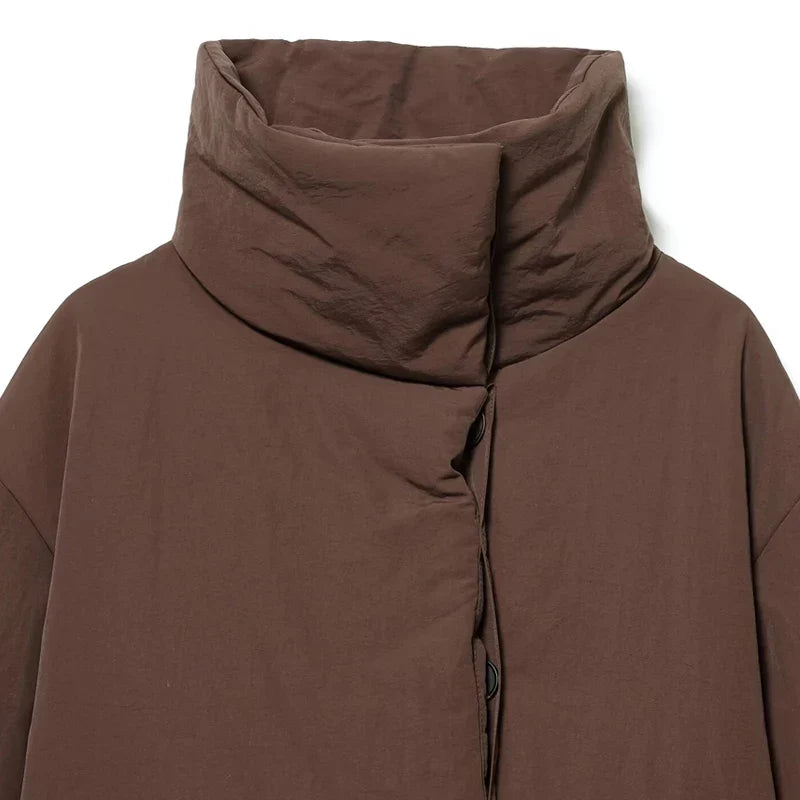 Chaqueta Acolchada Corta Marrón para Mujer | Chaquetón Cuello Alto con Cordón