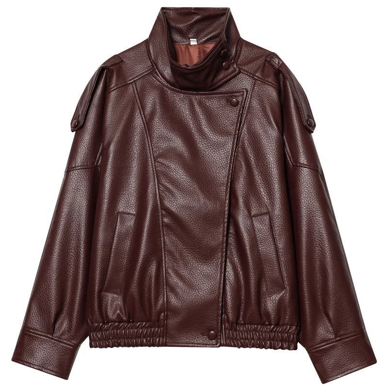Chaqueta de Piel Sintética de Corte Amplio | Cazadora Motera de Cuello Alto