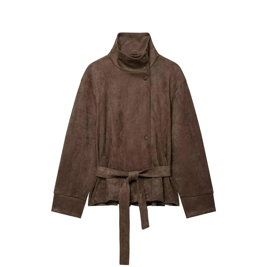 Chaqueta de Antelina para Mujer | Chaqueta Efecto Ante con Cuello Alto y Cinturón