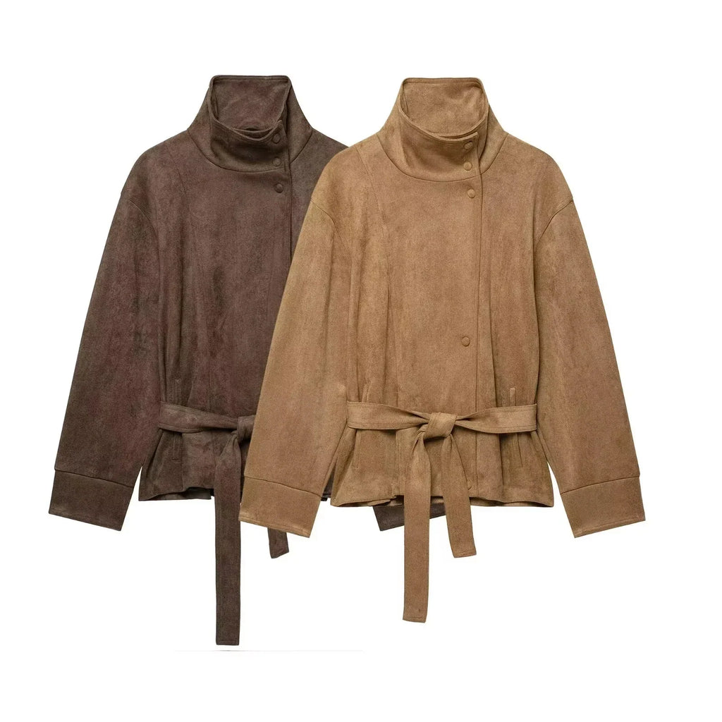 Chaqueta de Antelina para Mujer | Chaqueta Efecto Ante con Cuello Alto y Cinturón