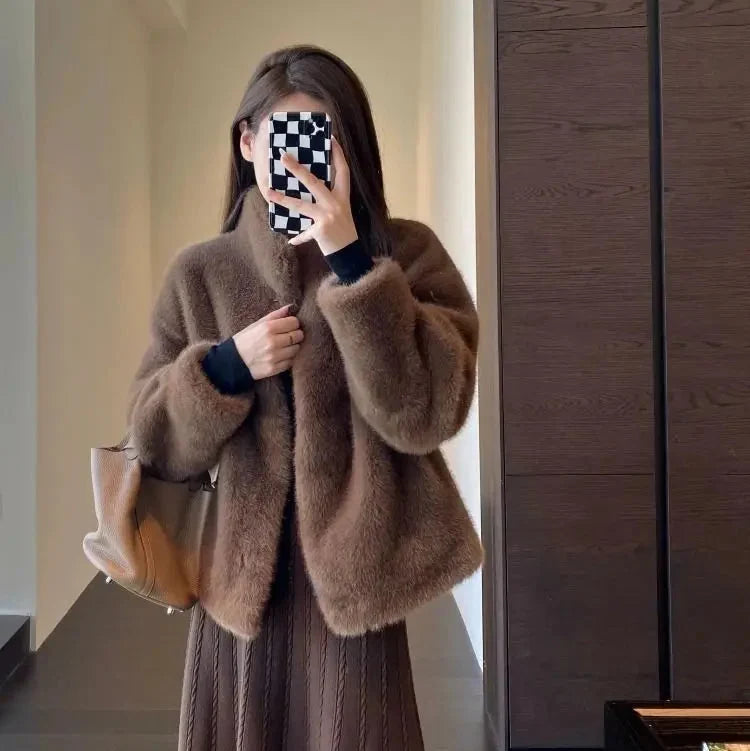 Abrigo de Pelo Corto para Mujer | Chaqueta de Pelo Sintético Efecto Visón
