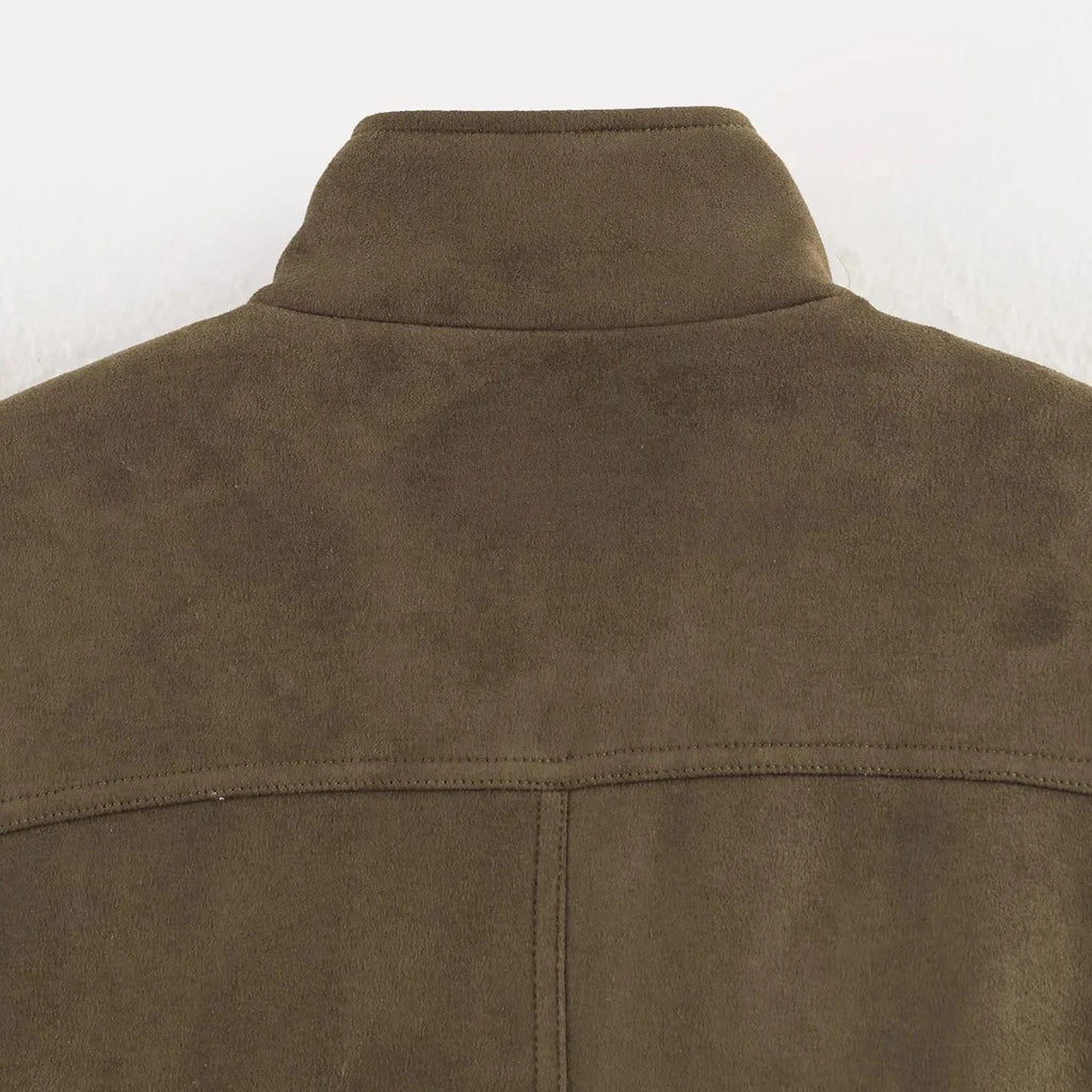 Cazadora de Antelina para Mujer | Chaqueta Efecto Ante con Cuello Alto y Bolsillos