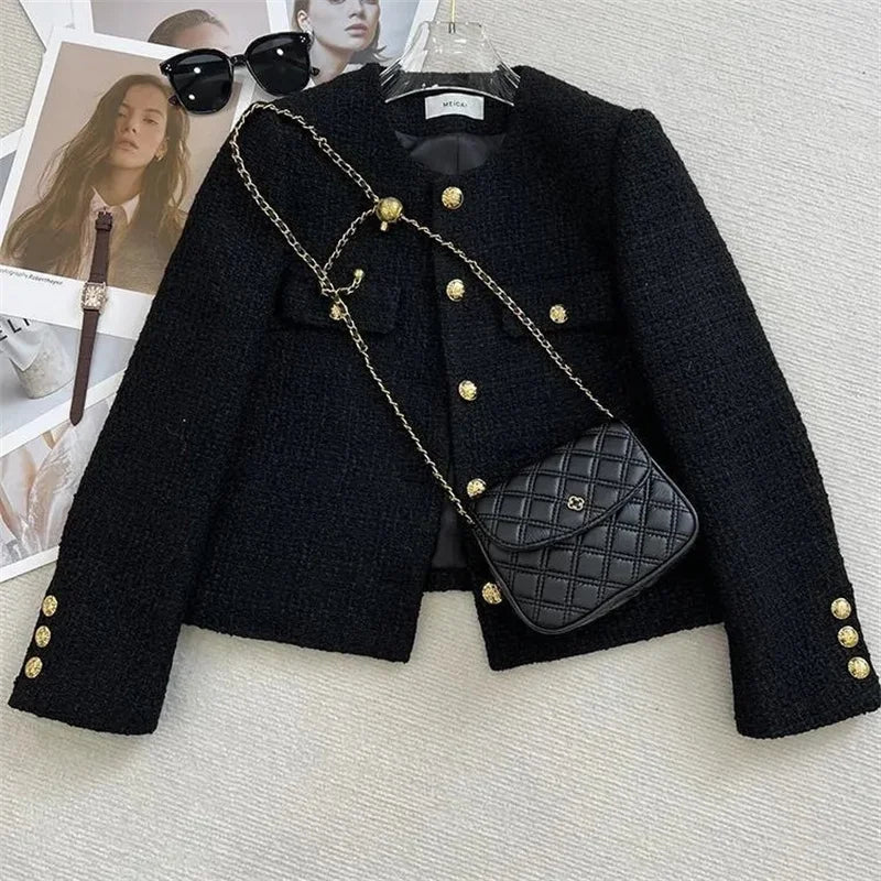 Chaqueta Tweed Negra para Mujer | Chaqueta Corta con Bolsillos y Botones Dorados