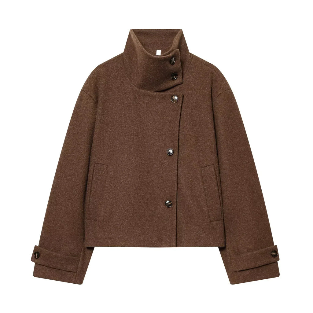 Abrigo Corto de Cuello Alto para Mujer | Chaquetón Efecto Paño con Botones Asimétricos
