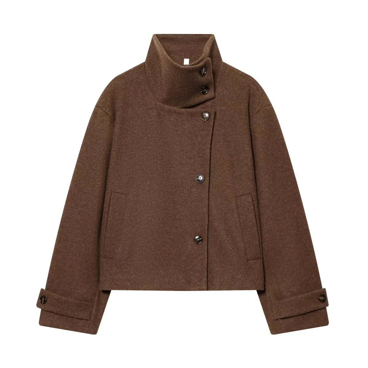 Abrigo Corto de Cuello Alto para Mujer | Chaquetón Efecto Paño con Botones Asimétricos