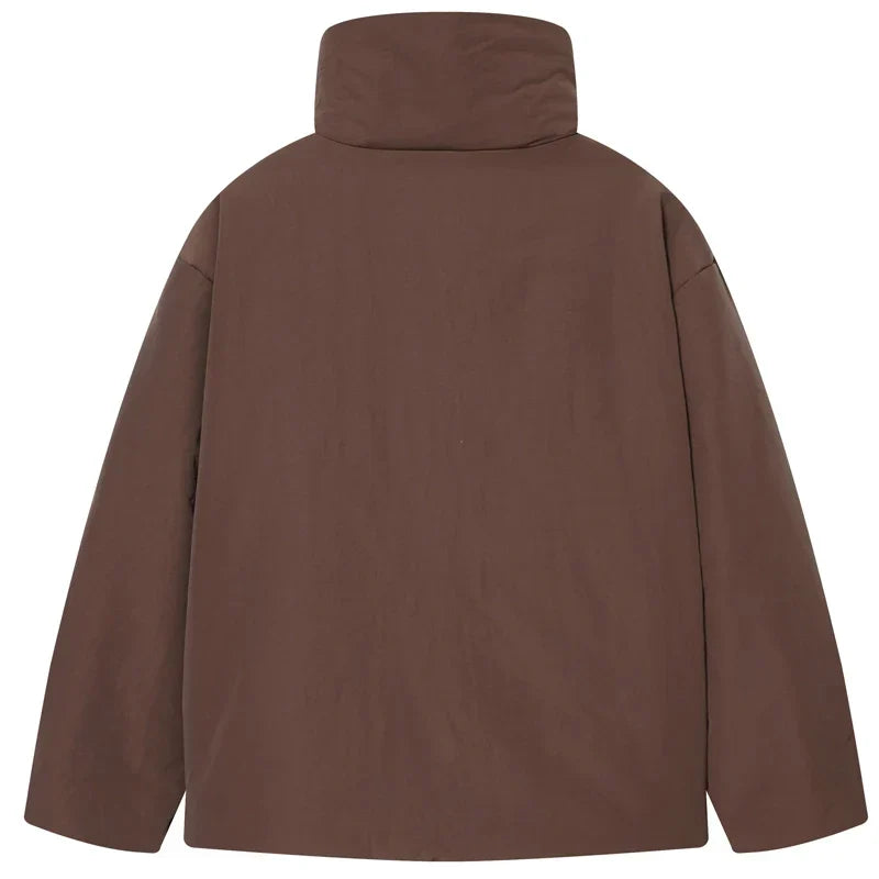 Chaqueta Acolchada Corta Marrón para Mujer | Chaquetón Cuello Alto con Cordón