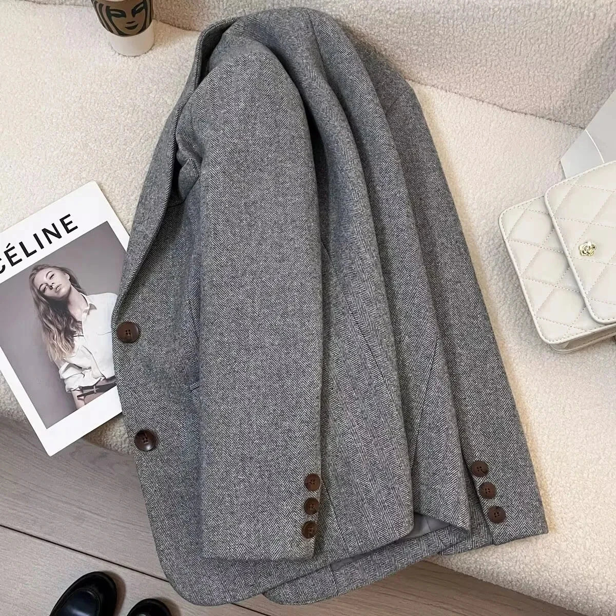 Americana Gris de Espiga | Efecto Lana con Forro