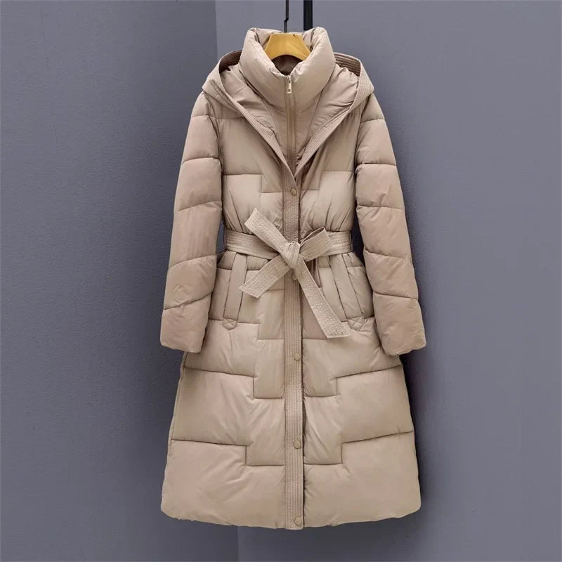 Abrigo Largo Acolchado con Capucha y Cinturón para Mujer | Cálido de Invierno