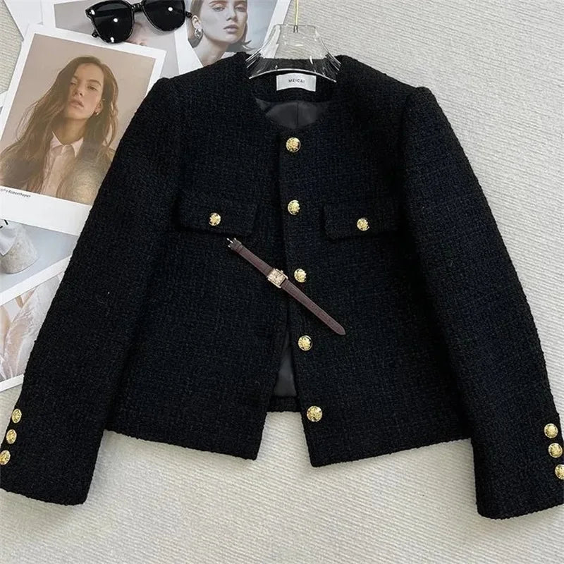 Chaqueta Tweed Negra para Mujer | Chaqueta Corta con Bolsillos y Botones Dorados