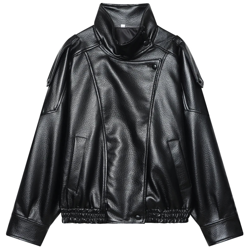 Chaqueta de Piel Sintética de Corte Amplio | Cazadora Motera de Cuello Alto