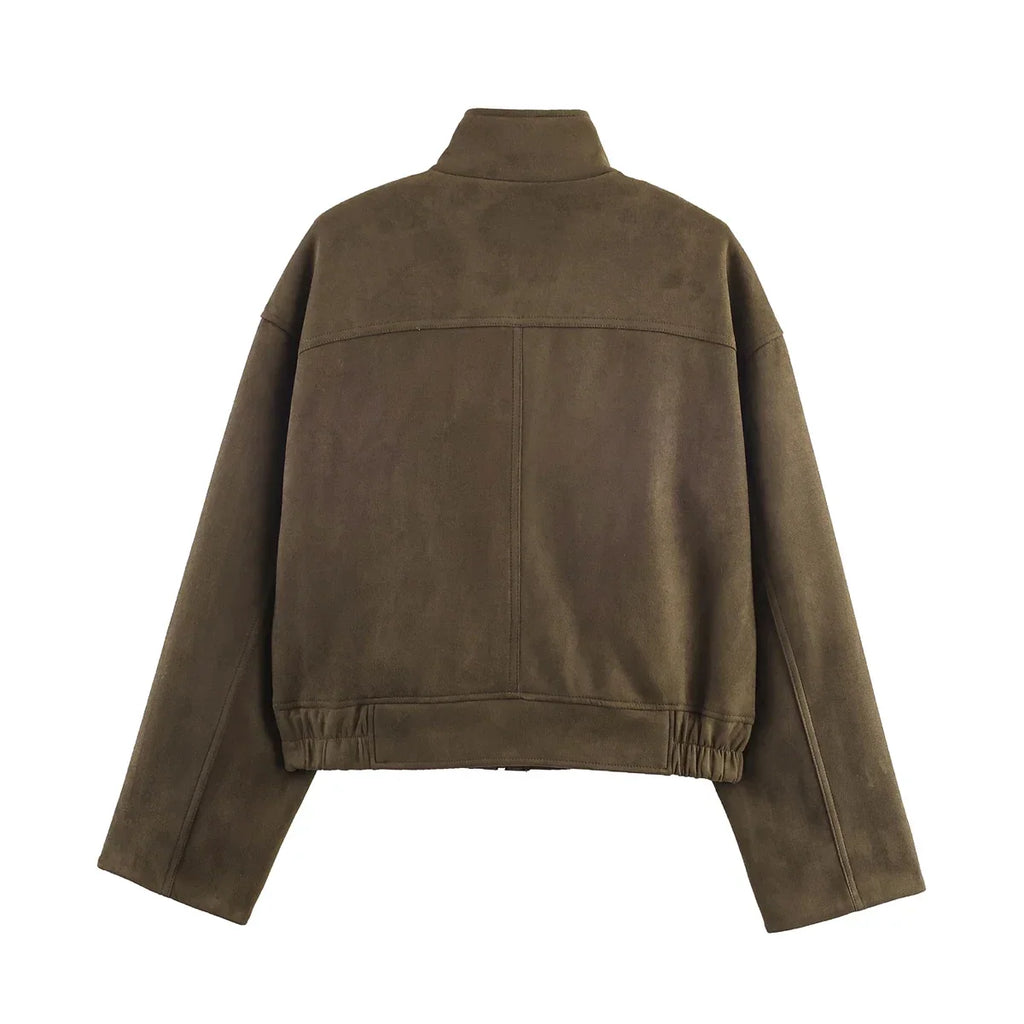 Cazadora de Antelina para Mujer | Chaqueta Efecto Ante con Cuello Alto y Bolsillos