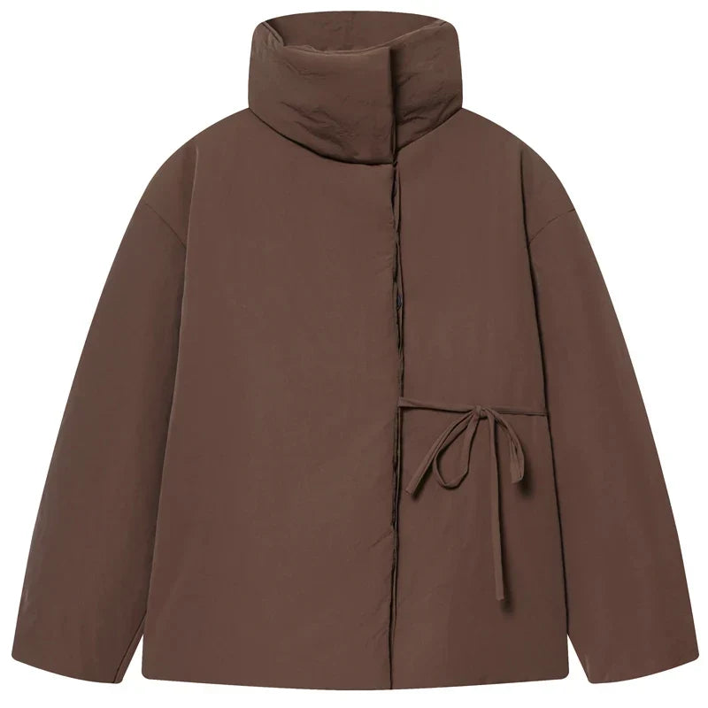 Chaqueta Acolchada Corta Marrón para Mujer | Chaquetón Cuello Alto con Cordón