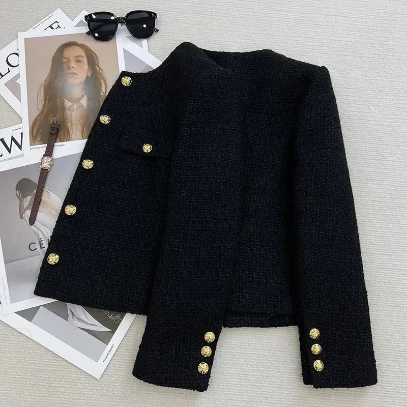 Chaqueta Tweed Negra para Mujer | Chaqueta Corta con Bolsillos y Botones Dorados