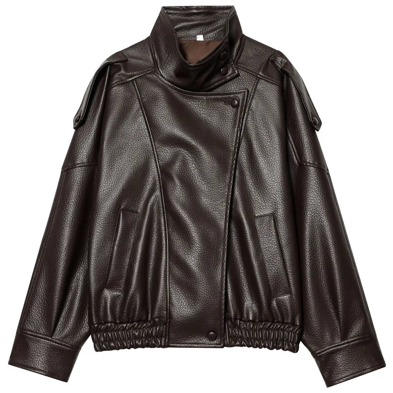 Chaqueta de Piel Sintética de Corte Amplio | Cazadora Motera de Cuello Alto