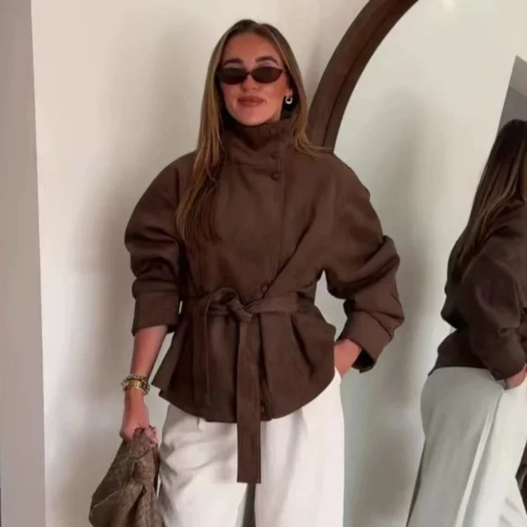 Chaqueta de Antelina para Mujer | Chaqueta Efecto Ante con Cuello Alto y Cinturón