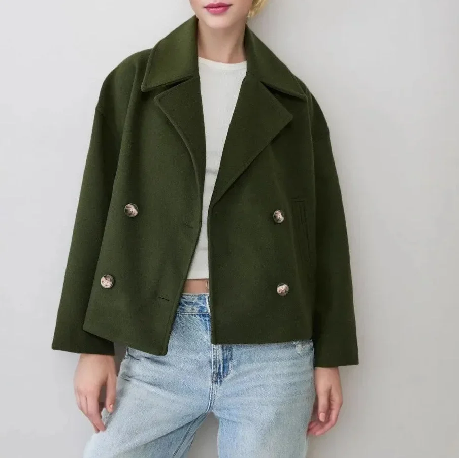 Abrigo Corto Cruzado para Mujer | Chaquetón Efecto Paño con Solapa Ancha