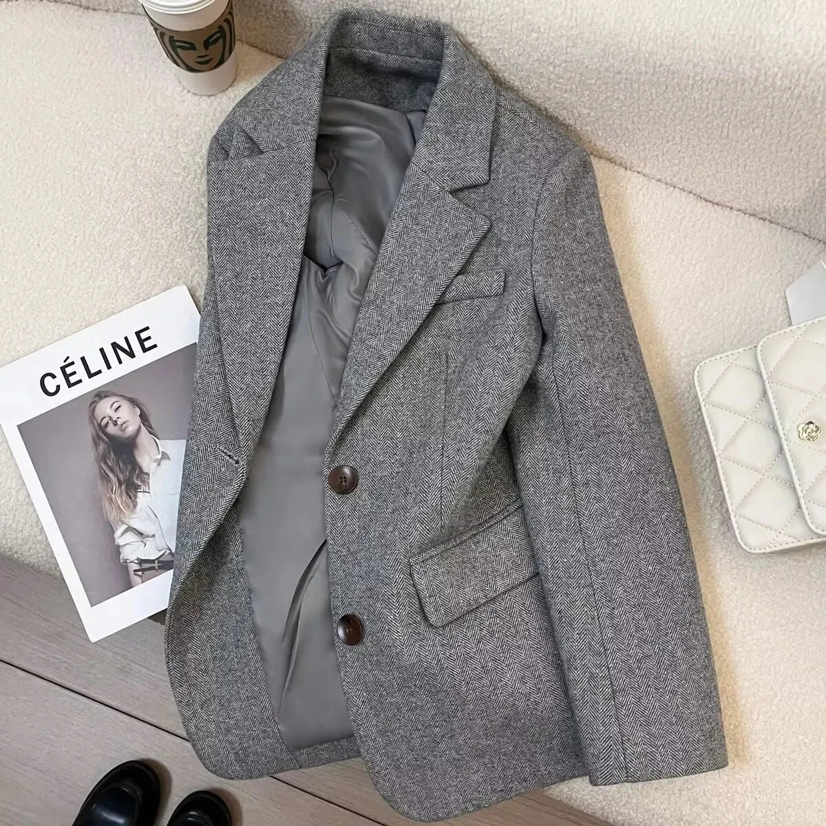 Americana Gris de Espiga | Efecto Lana con Forro