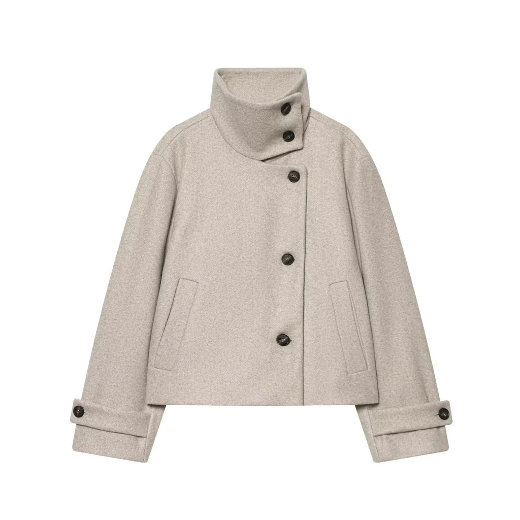 Abrigo Corto de Cuello Alto para Mujer | Chaquetón Efecto Paño con Botones Asimétricos