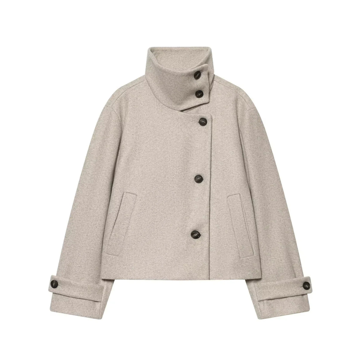 Abrigo Corto de Cuello Alto para Mujer | Chaquetón Efecto Paño con Botones Asimétricos