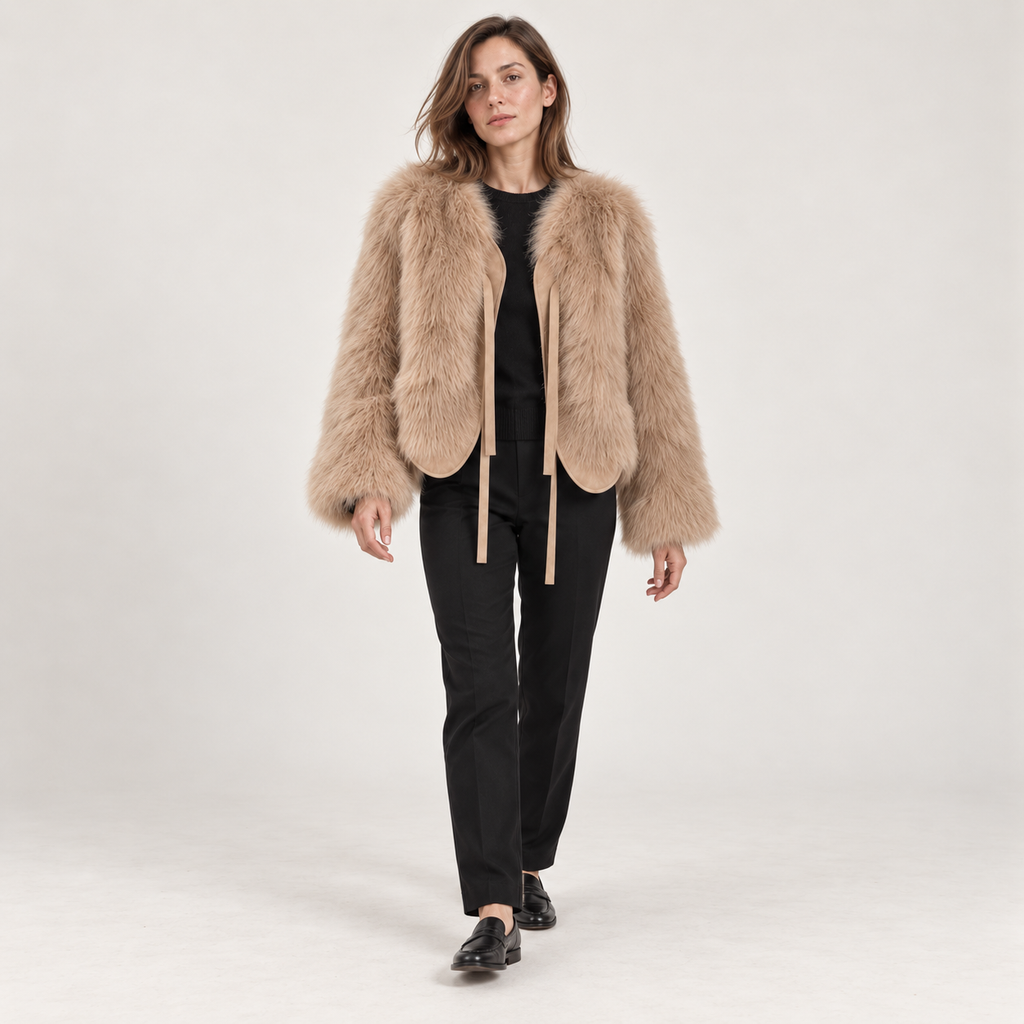 Abrigo de Pelo Sintético Corto para Mujer | Chaquetón Efecto Zorro con Cordón