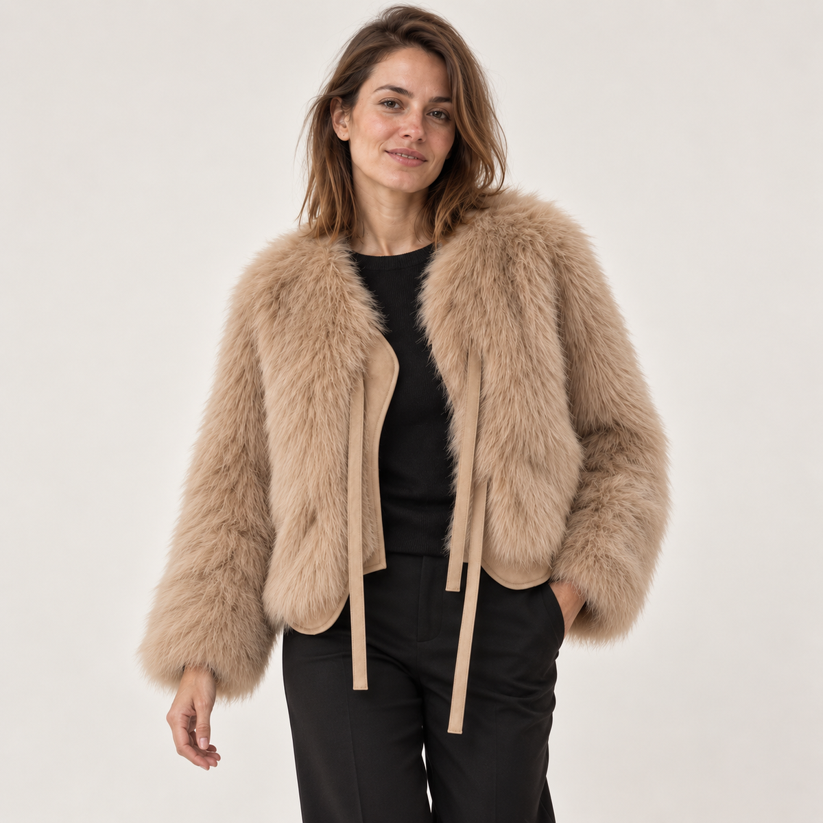Abrigo de Pelo Sintético Corto para Mujer | Chaquetón Efecto Zorro con Cordón