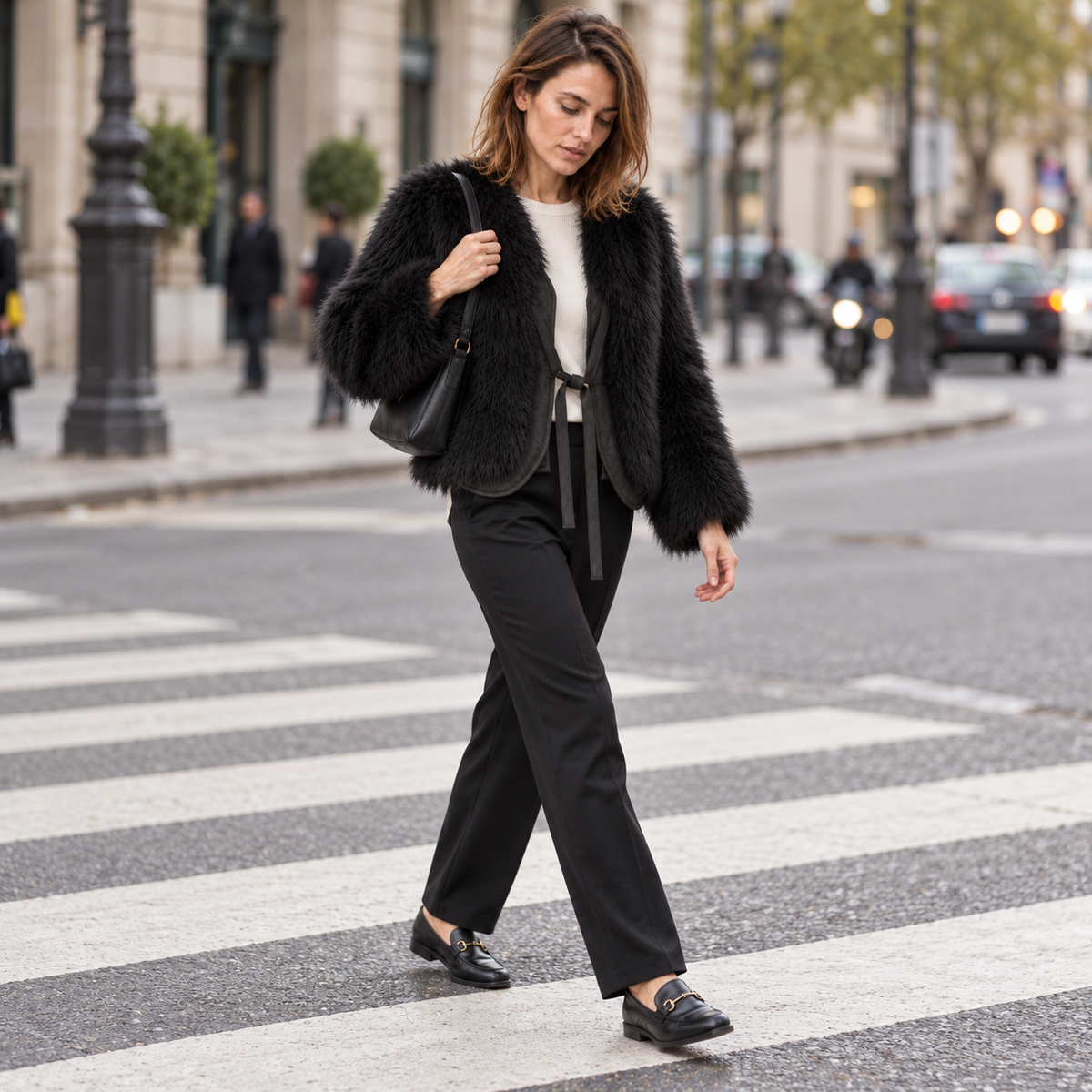 Abrigo de Pelo Sintético Corto para Mujer | Chaquetón Efecto Zorro con Cordón