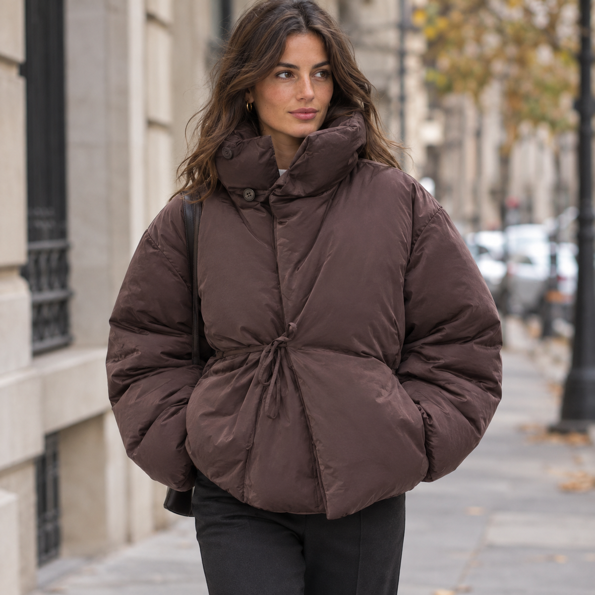 Chaqueta Acolchada Corta Marrón para Mujer | Chaquetón Cuello Alto con Cordón