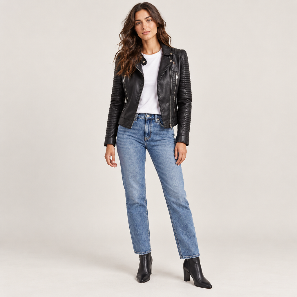 Cazadora Biker de Polipiel para Mujer | Chaqueta Moto Negra de Entretiempo