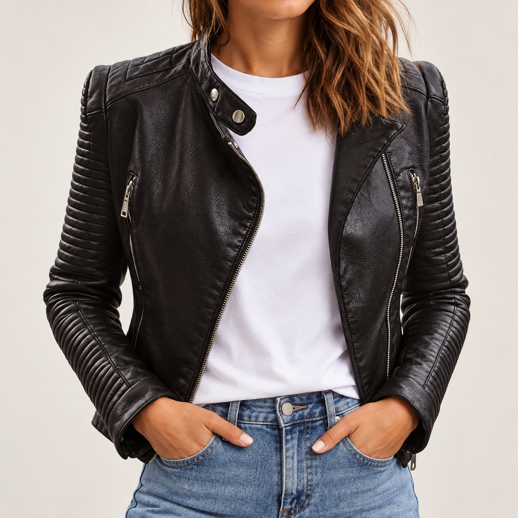Cazadora Biker de Polipiel para Mujer | Chaqueta Moto Negra de Entretiempo