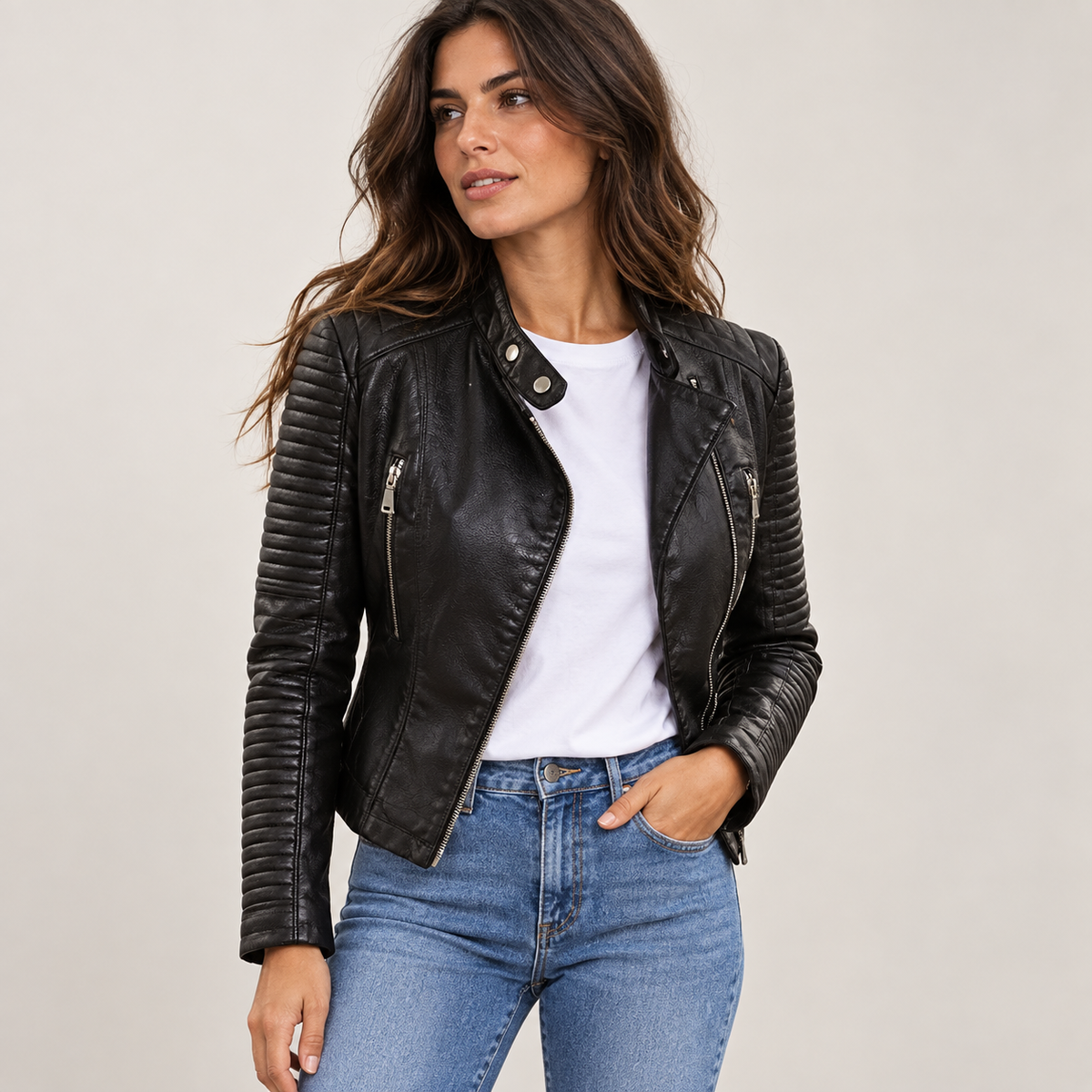 Cazadora Biker de Polipiel para Mujer | Chaqueta Moto Negra de Entretiempo