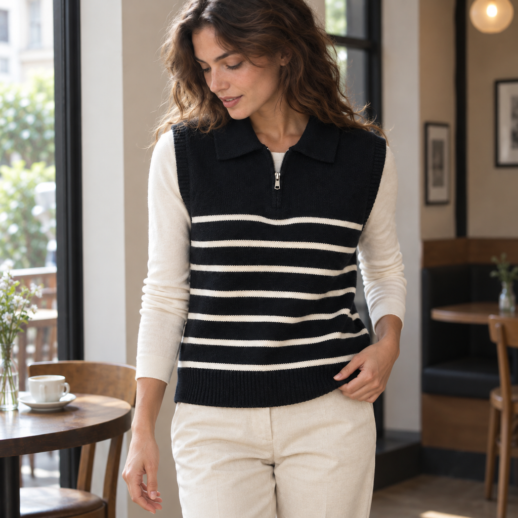 Chaleco de Punto a Rayas para Mujer | Cuello Solapa