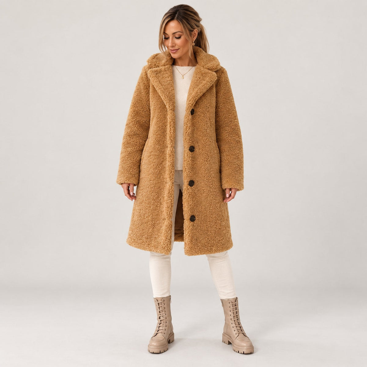 Abrigo de Borreguito para Mujer | Abrigo Teddy Largo con Solapa y Botones