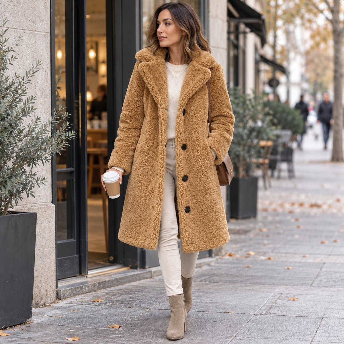 Abrigo de Borreguito para Mujer | Abrigo Teddy Largo con Solapa y Botones