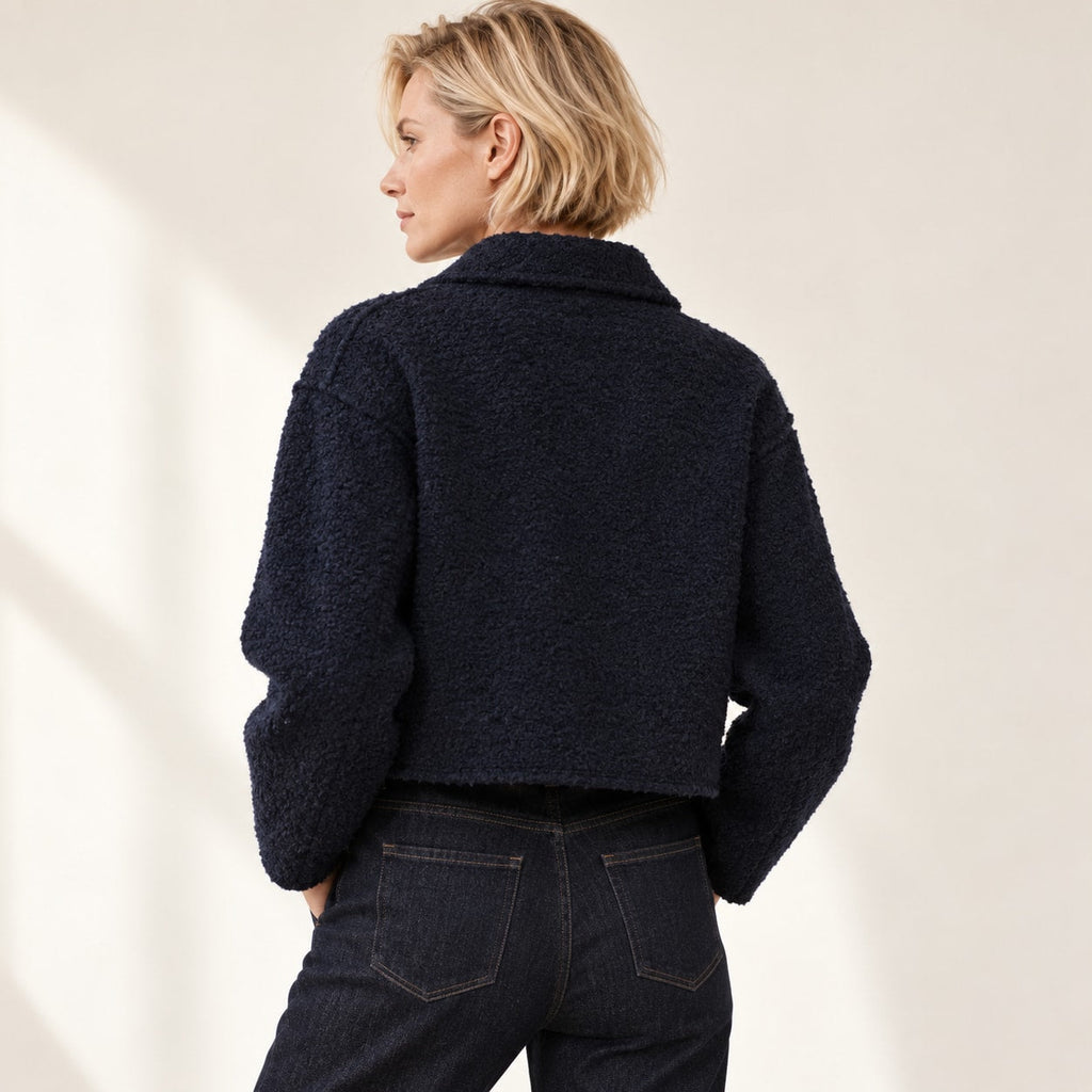 Chaqueta Corta Efecto Lana para Mujer | Cazadora Bouclé con Cremallera y Bolsillos