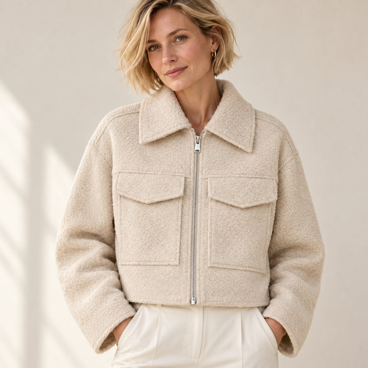 Chaqueta Corta Efecto Lana para Mujer | Cazadora Bouclé con Cremallera y Bolsillos