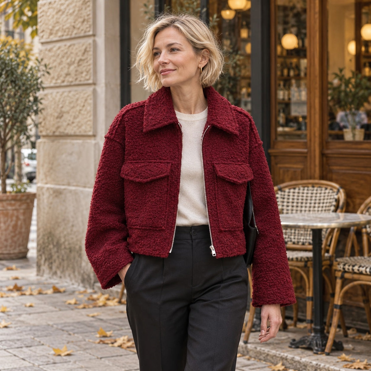 Chaqueta Corta Efecto Lana para Mujer | Cazadora Bouclé con Cremallera y Bolsillos