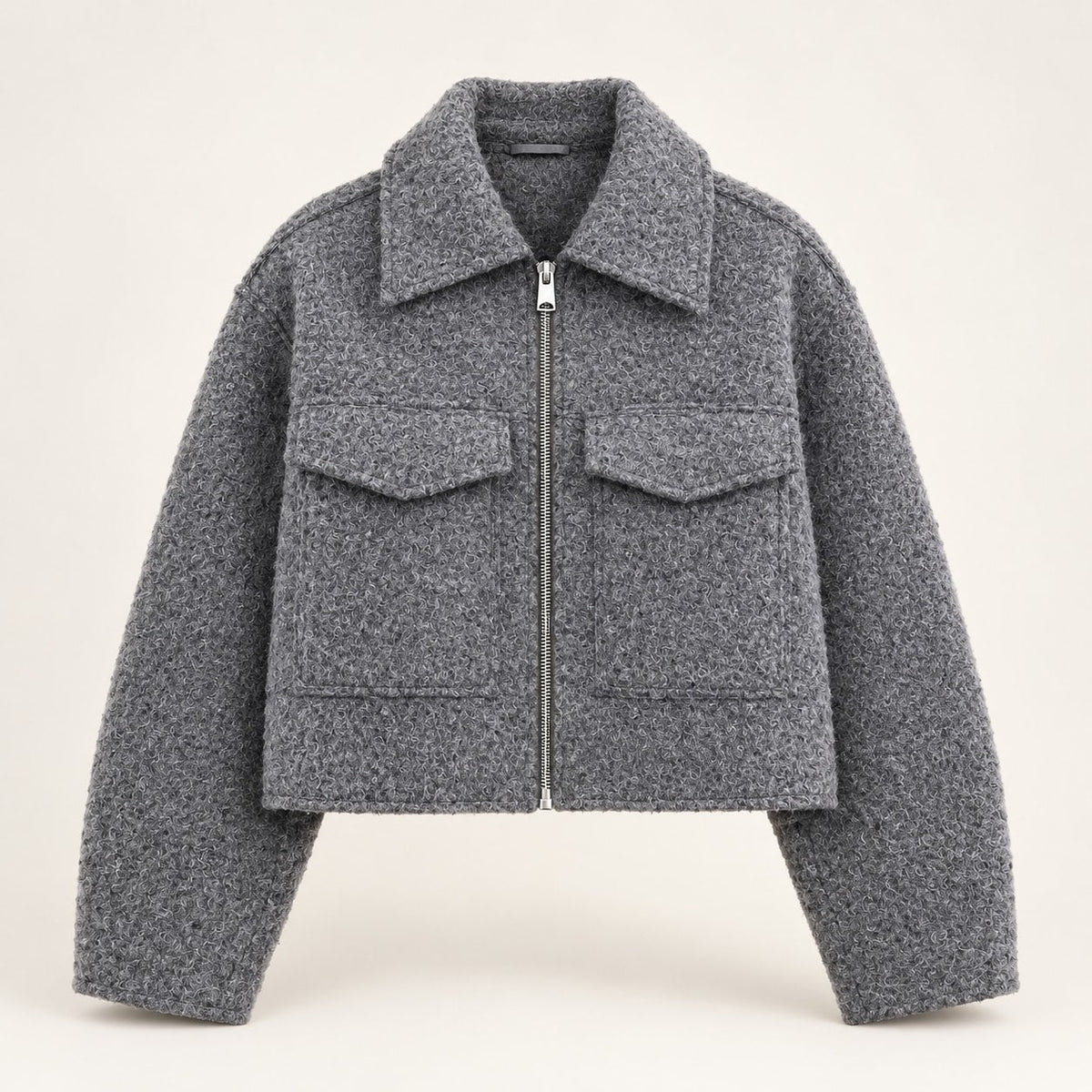 Chaqueta Corta Efecto Lana para Mujer | Cazadora Bouclé con Cremallera y Bolsillos