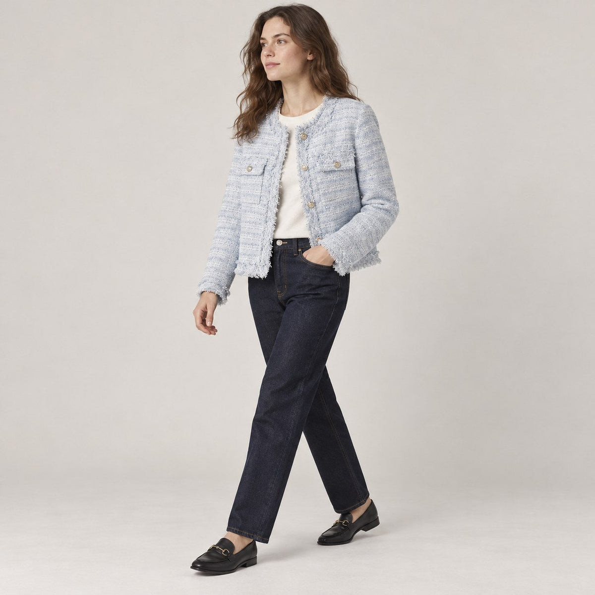 Chaqueta Tweed con Flecos para Mujer | Chaqueta Corta con Botones Dorados