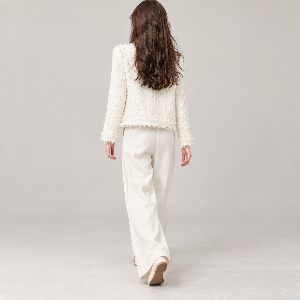 Chaqueta Tweed con Flecos para Mujer | Chaqueta Corta con Botones Dorados